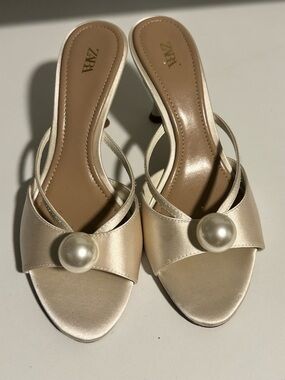 Zara Ivory Satin Mules with Pearl Accent